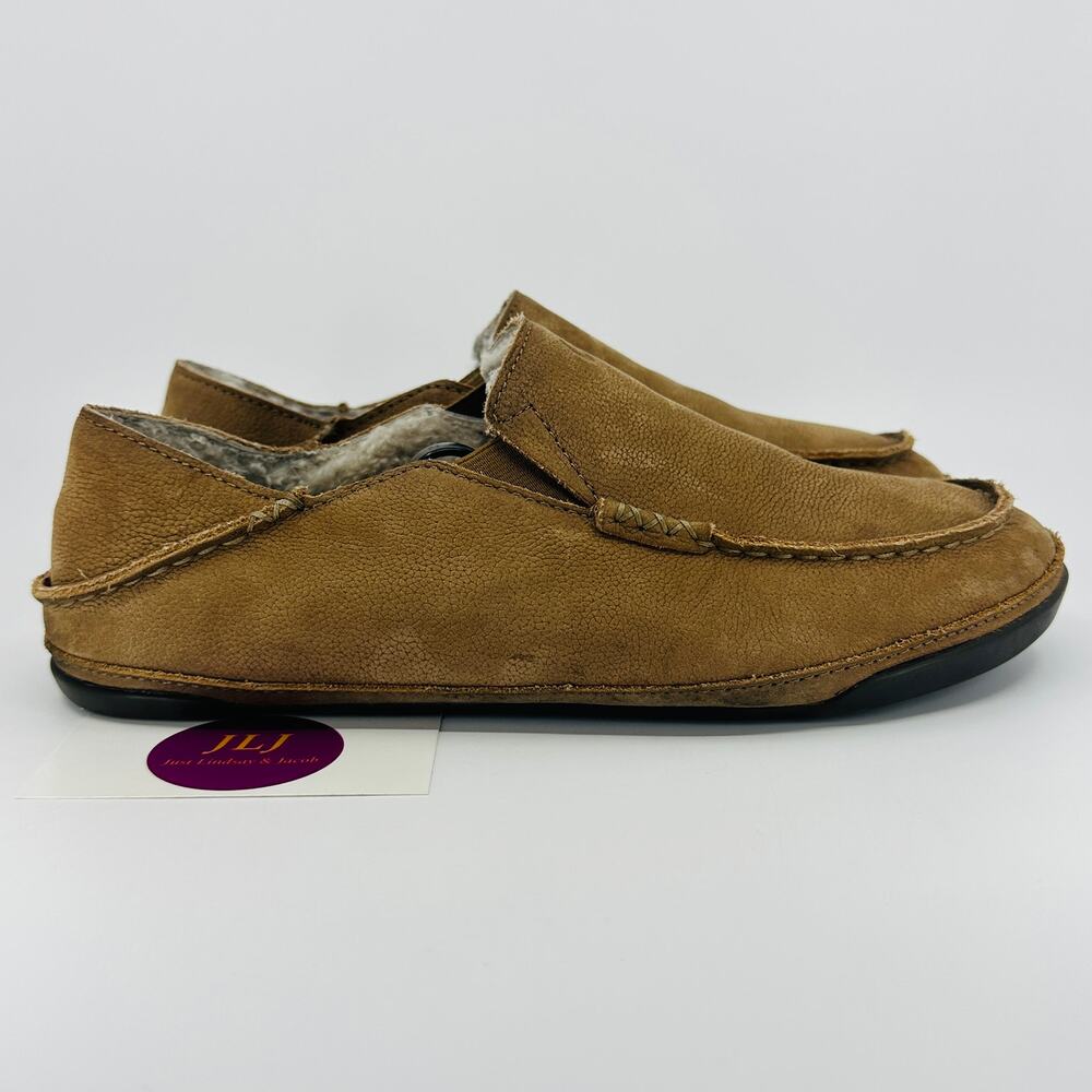 OluKai Men's Kipuka Hulu Shearling Natural Leather Drop In Heel Slippers Size 8